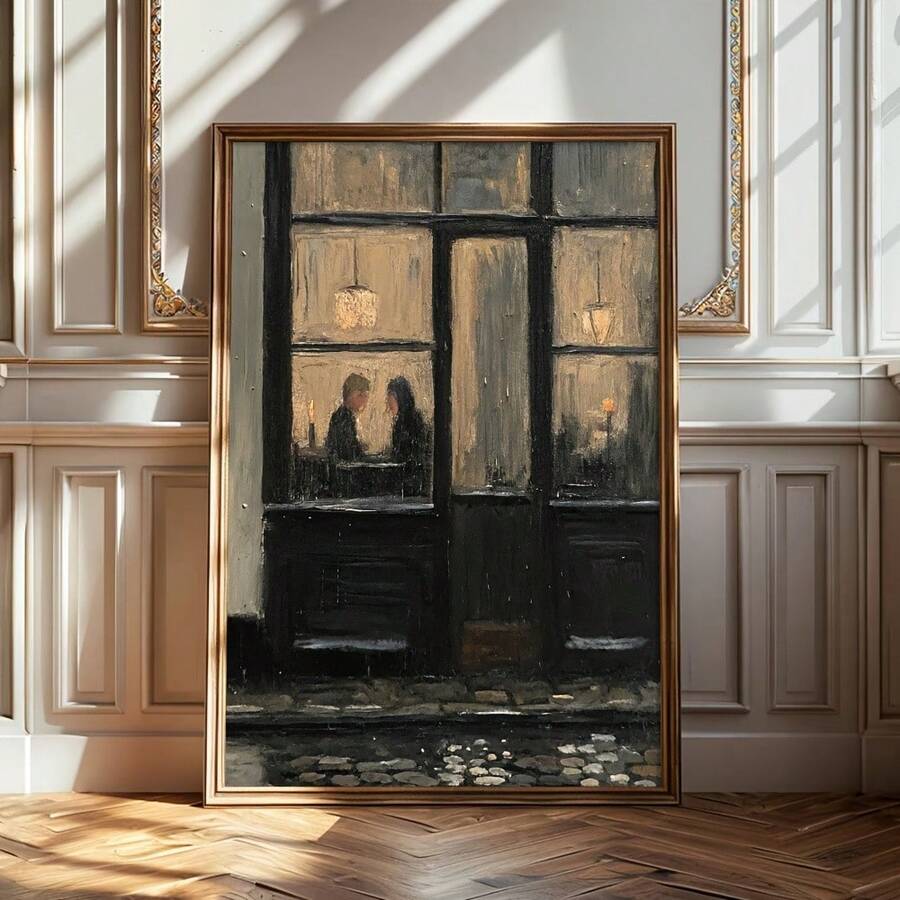 Moody framed cafe window wall art in ornate Parisian style room
