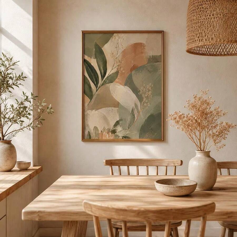 Abstract vintage plant print with olive green leaves and peach flower accents