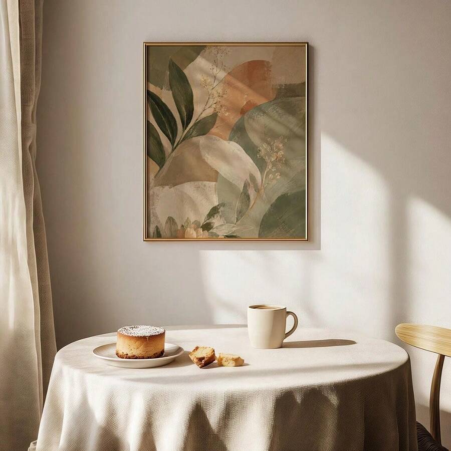 Vintage botanical canvas with sage leaves cream flowers and terracotta shapes