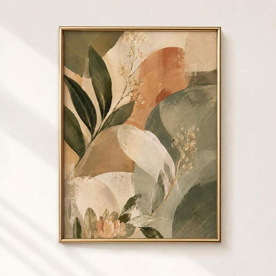 Vintage botanical canvas with sage leaves cream flowers and terracotta shapes