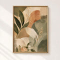 Vintage botanical canvas with sage leaves cream flowers and terracotta shapes