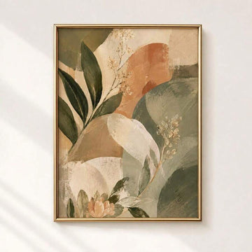 Vintage botanical canvas with sage leaves cream flowers and terracotta shapes