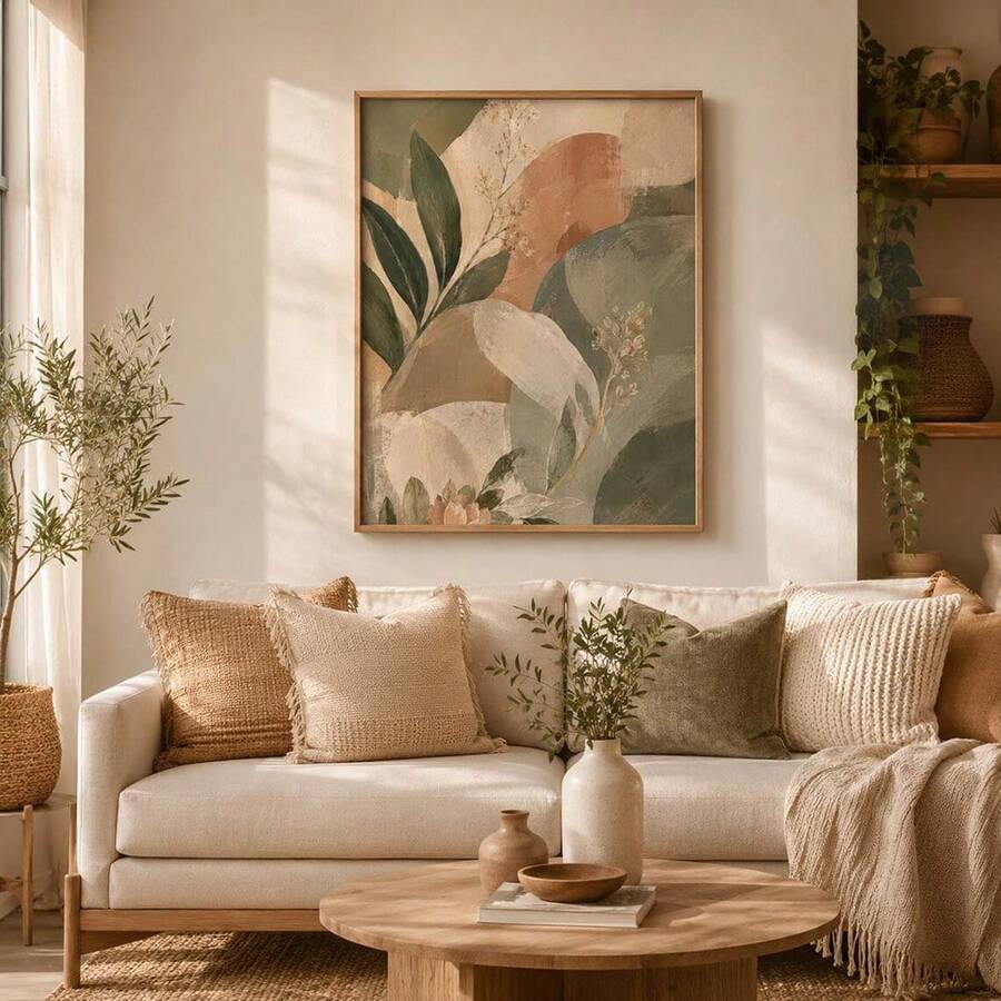 Earth tone botanical canvas above beige sofa in rustic living room