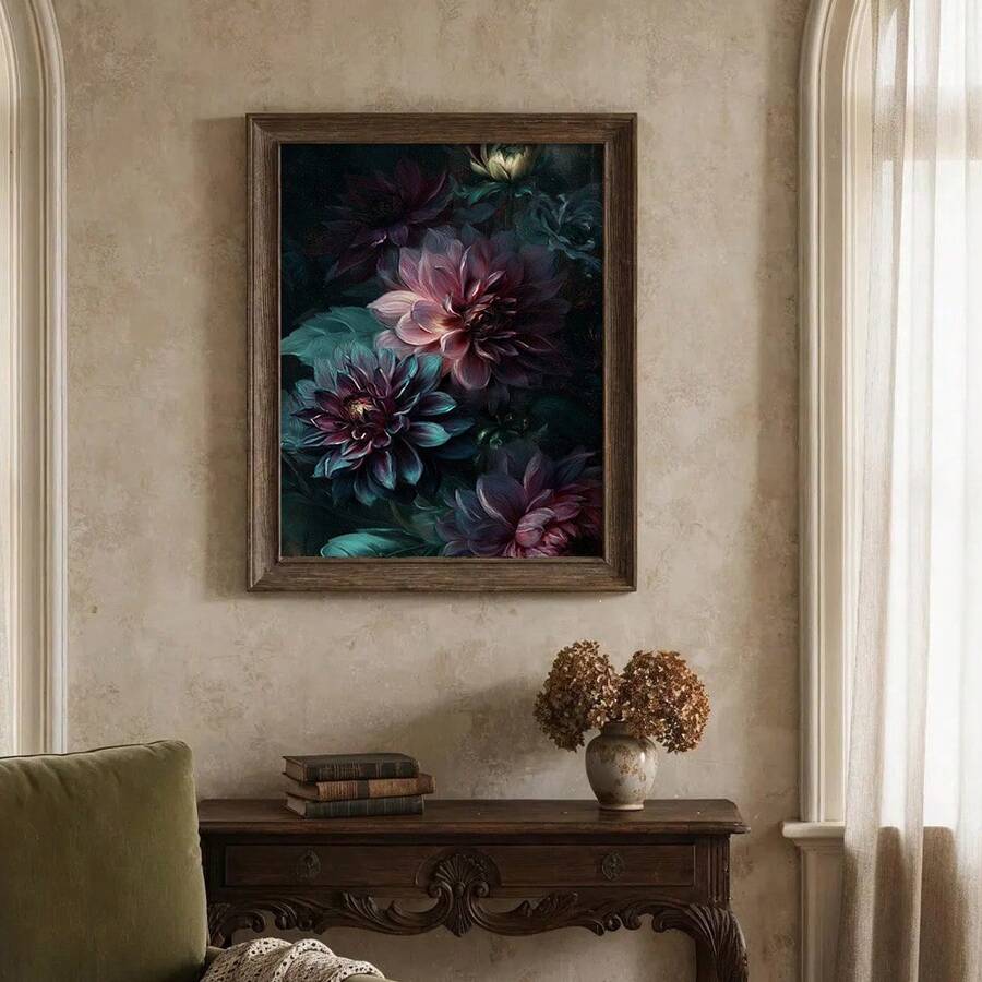 Dark academia floral canvas print in deep teal and burgundy
