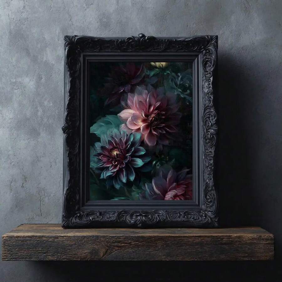 Moody floral wall art shown with antique books and candles