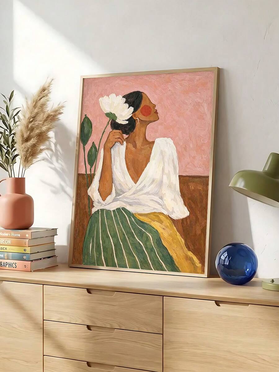 Abstract woman wall art with seated woman holding white flower