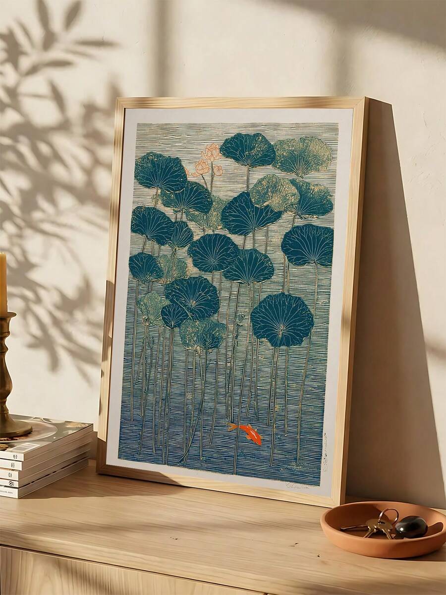 Lotus pond wall art with cream and muted green tones