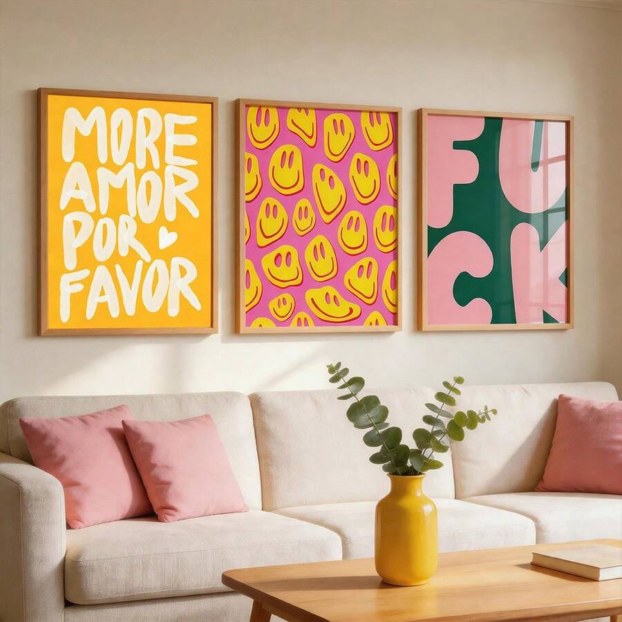 Retro colorful poster set above sofa in wood frames