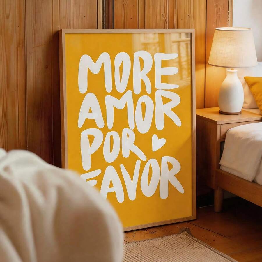 More Amor Por Favor typography print in wood frame
