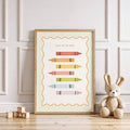front framed view of Educational nursery wall art showing a Days of the Week learning chart with pastel crayon illustrations labeled Monday through Sunday.