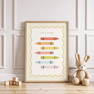 front framed view of Educational nursery wall art showing a Days of the Week learning chart with pastel crayon illustrations labeled Monday through Sunday.