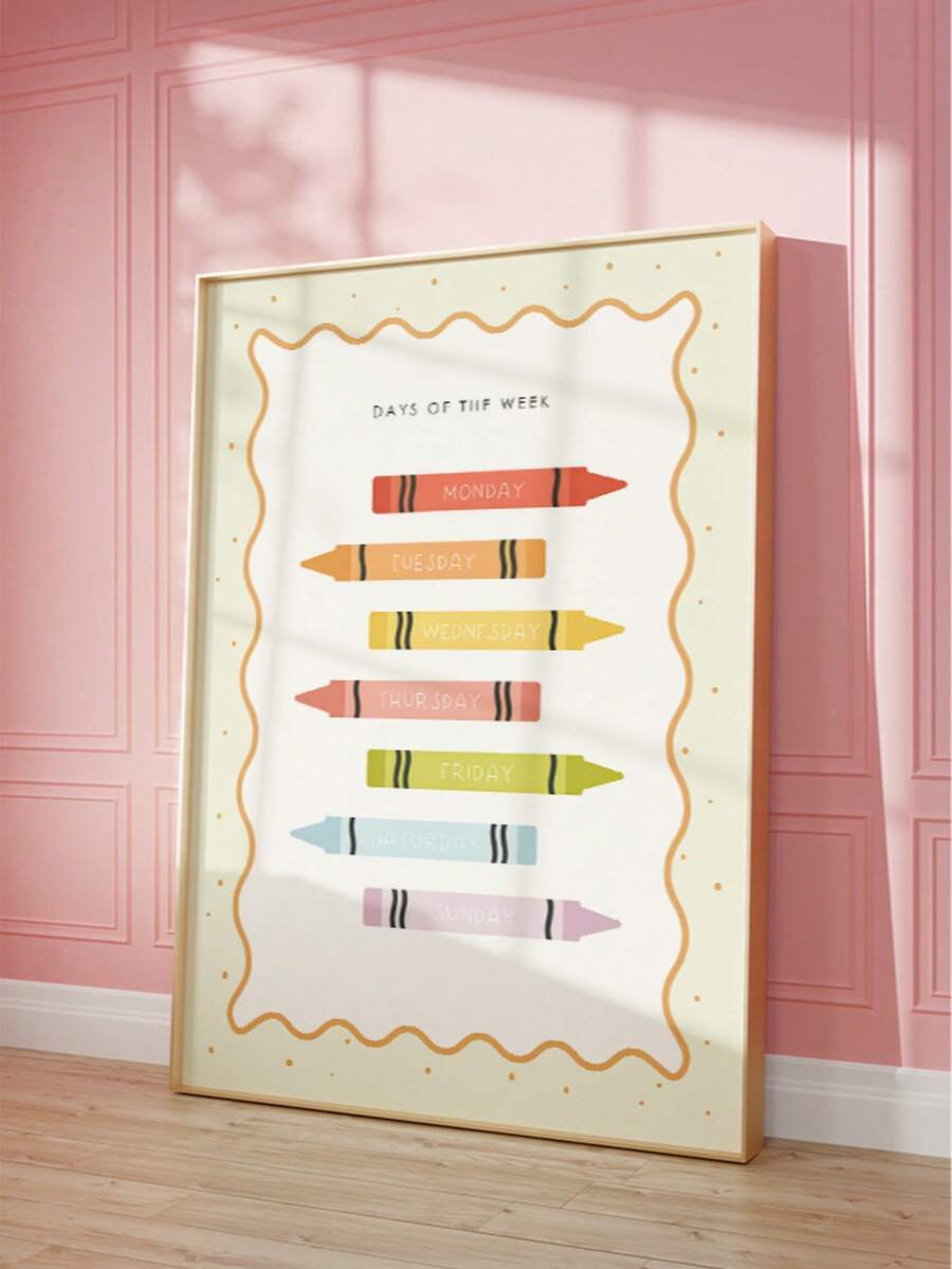 front framed view of Educational nursery wall art showing a Days of the Week learning chart with pastel crayon illustrations labeled Monday through Sunday.