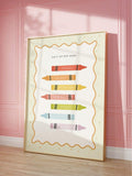 room mockup view of Educational nursery wall art showing a Days of the Week learning chart with pastel crayon illustrations labeled Monday through Sunday.