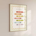 canvas option view of Educational nursery wall art showing a Days of the Week learning chart with pastel crayon illustrations labeled Monday through Sunday.