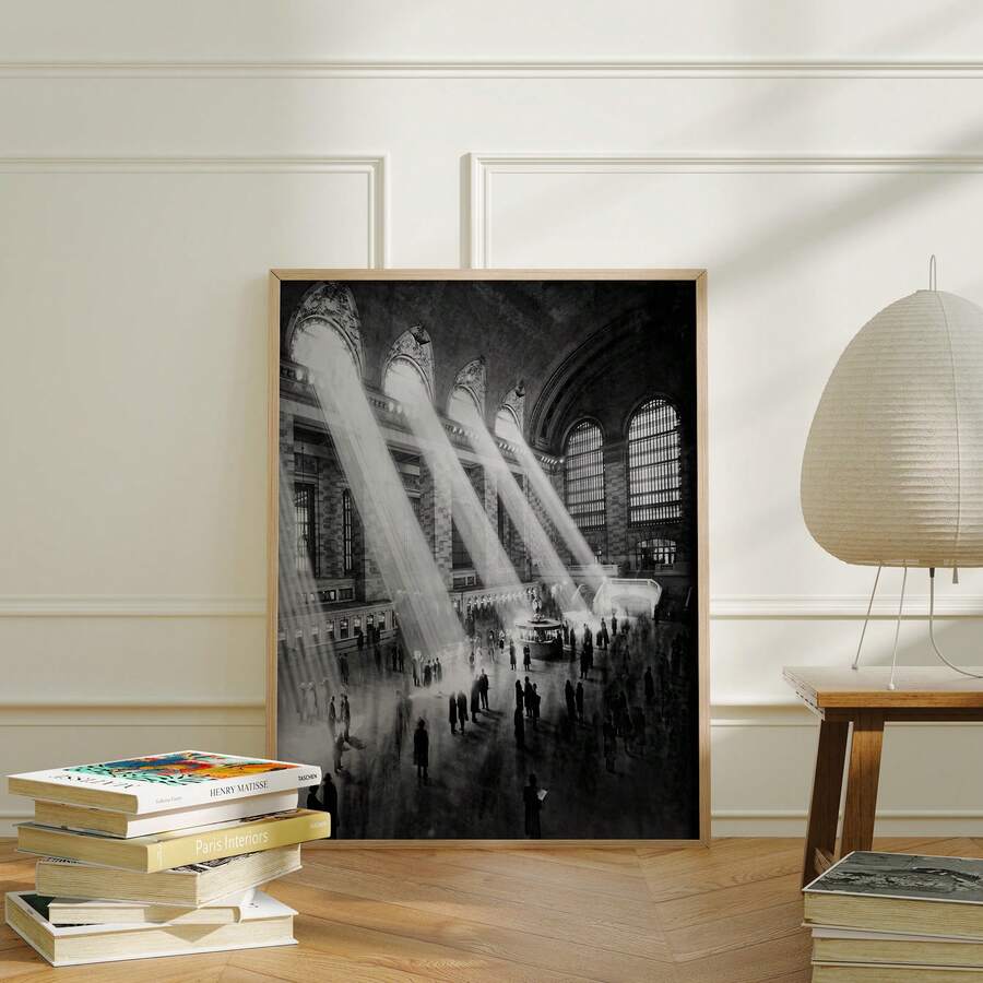 Train station wall art floor lifestyle view with black and white arched window interior