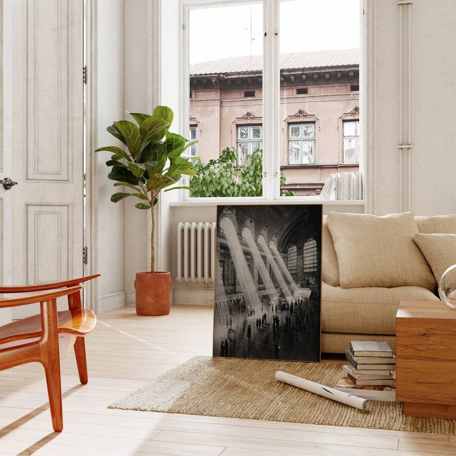 Train station wall art floor lifestyle view with black and white arched window interior