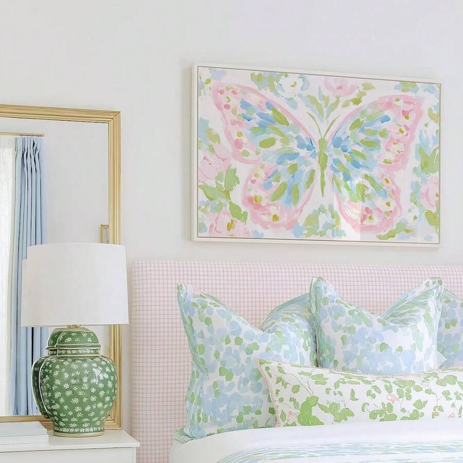 Floral butterfly canvas poster in pastel pink sky blue sage green and cream tones
