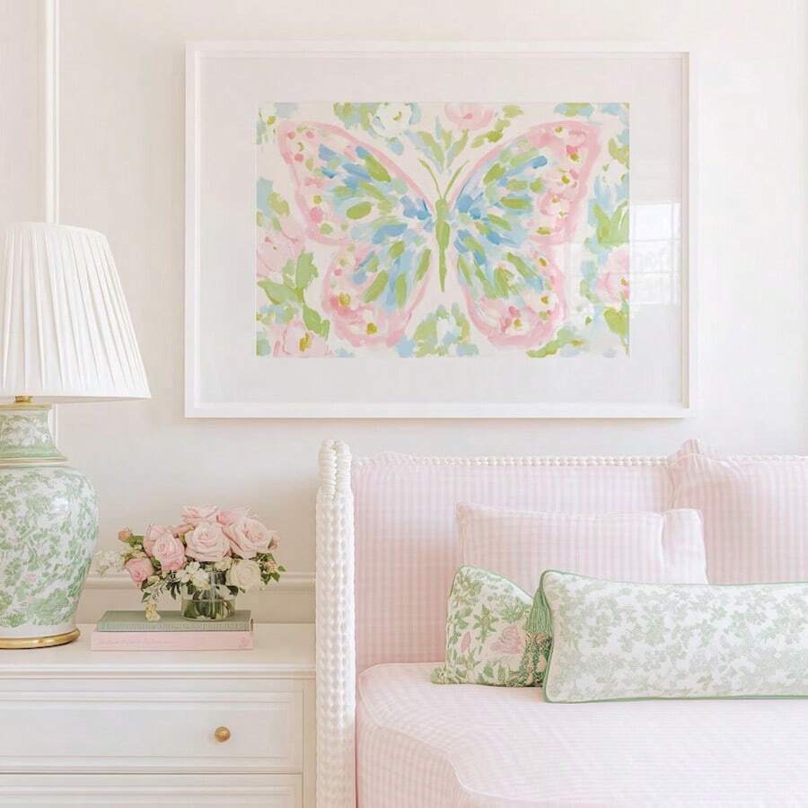 Preppy room decor print with abstract butterfly watercolor flowers and matte finish
