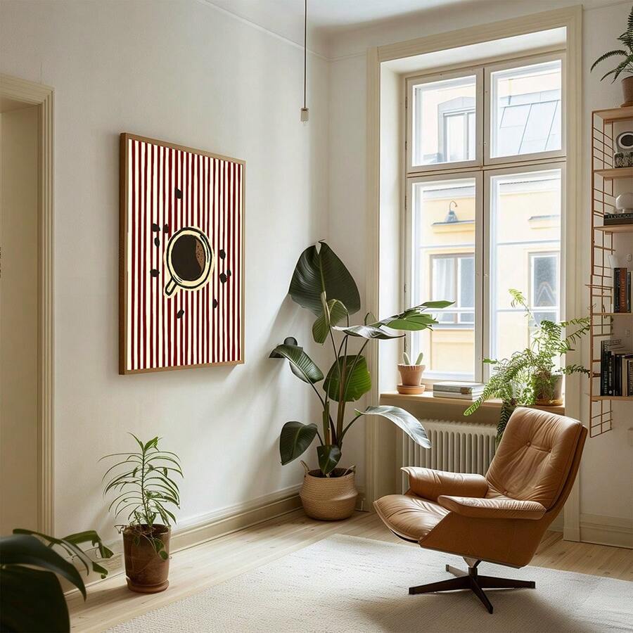 Framed coffee cup print above brown sofa in cozy living room