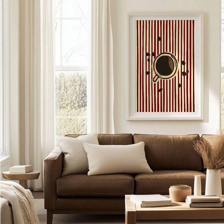 Large coffee cup and beans wall print leaning on wood floor