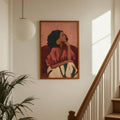 Boho woman portrait canvas wall art with seated figure in pink blouse and white pants