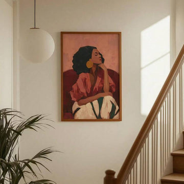 Boho woman portrait canvas wall art with seated figure in pink blouse and white pants