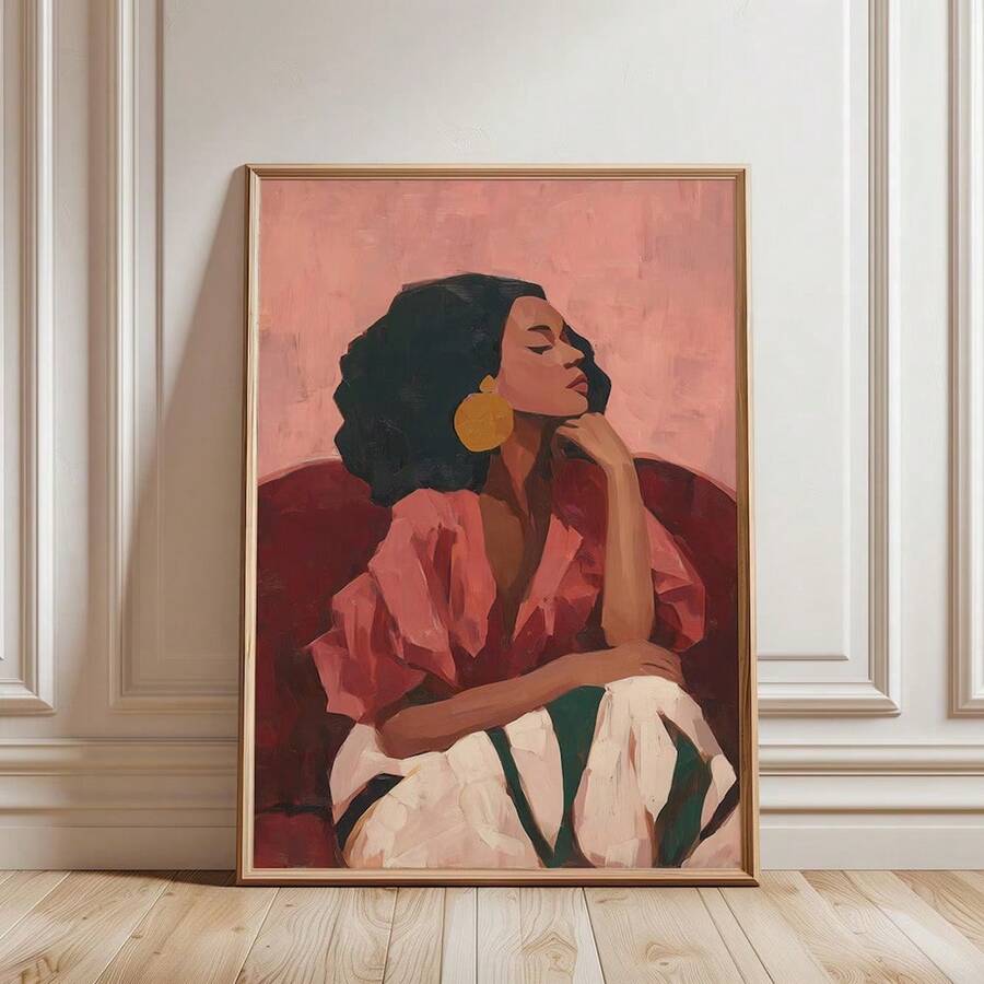 Boho woman portrait canvas wall art with seated figure in pink blouse and white pants