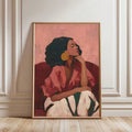 Modern fashion illustration print of stylish woman with gold hoop earrings on red chair