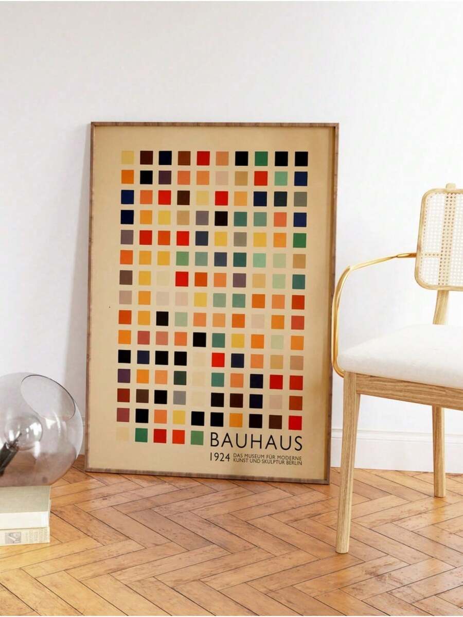 Angled view of framed modernist geometric abstract canvas wall art