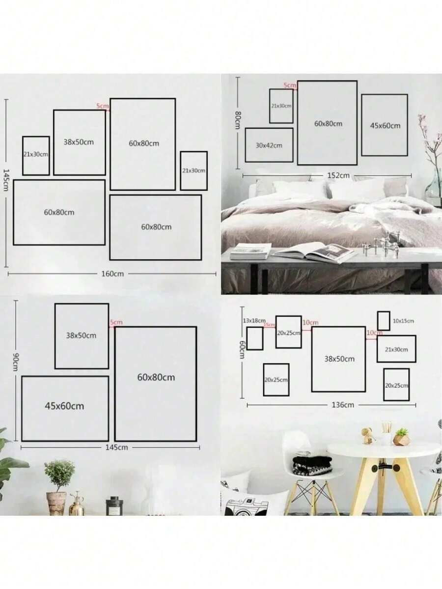 Size guide for Bauhaus geometric canvas poster with black frame room-scale layouts