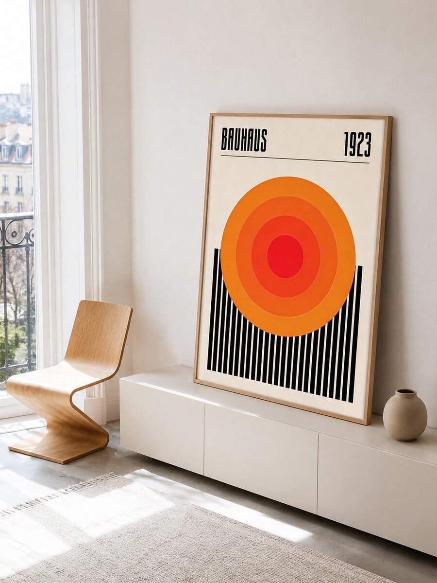 Bauhaus wall art with orange concentric circles and black vertical stripes