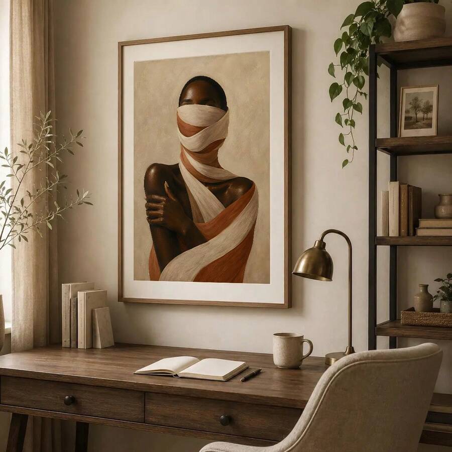 Framed earthy woman portrait over wooden desk in cozy home office with brass lamp and plants