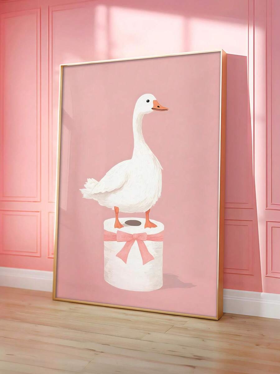 Funny bathroom wall decor with cute white goose standing on toilet paper