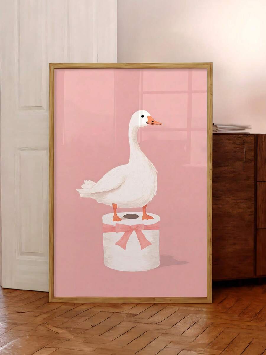 Pink bathroom poster showing whimsical goose animal illustration on pastel background