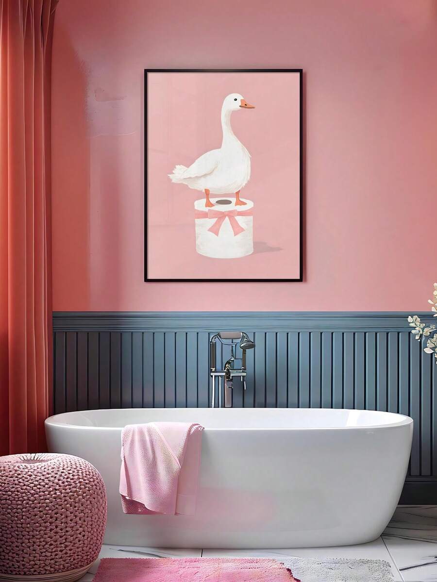 Cute goose bathroom print with white bird on toilet paper roll and pink bow