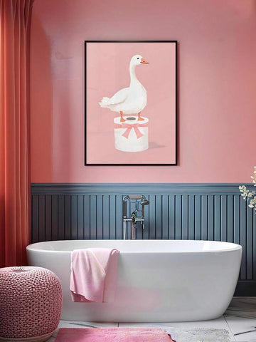Cute goose bathroom print with white bird on toilet paper roll and pink bow
