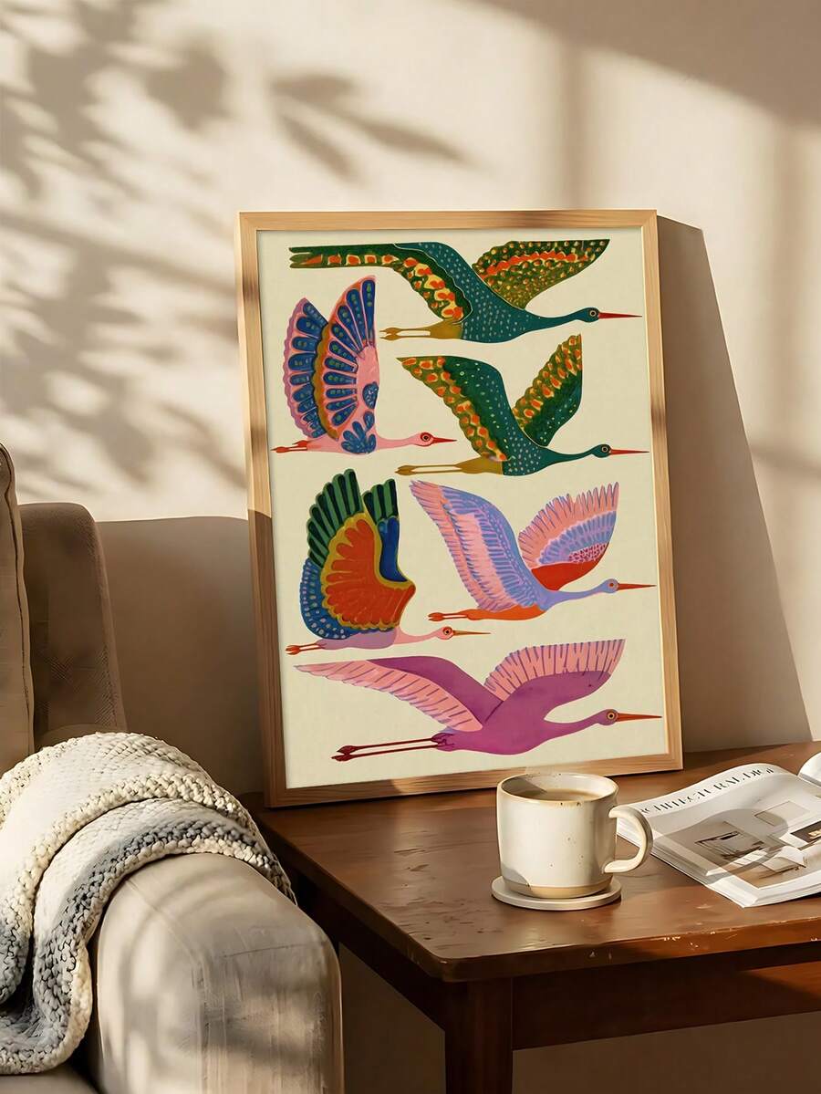 Mid century bird wall art with colorful flying heron in framed print