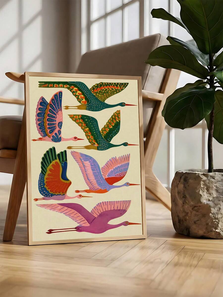 Mid century bird wall art with colorful flying heron in framed print