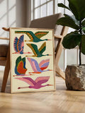 Mid century bird wall art with colorful flying heron in framed print