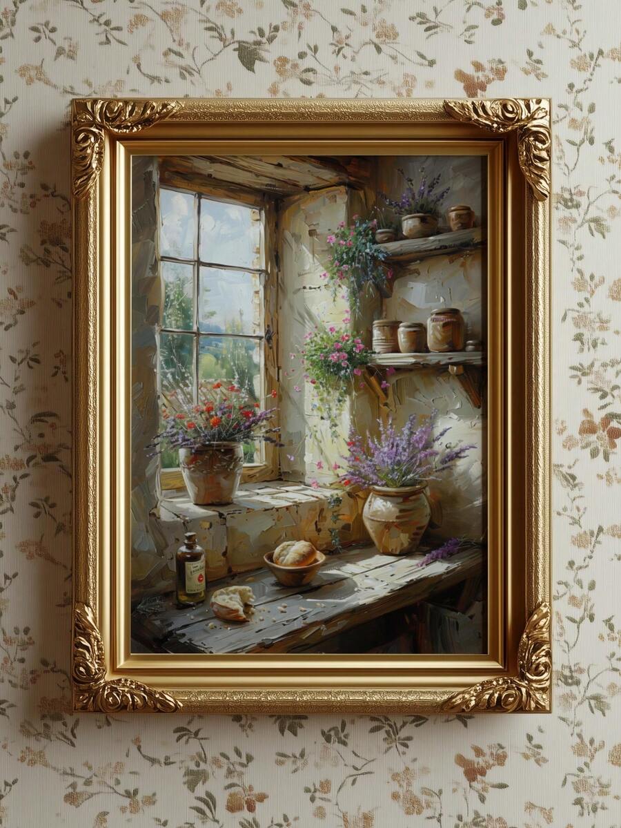 French country window sill floral still life canvas with lavender and jars