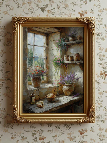 French country window sill floral still life canvas with lavender and jars