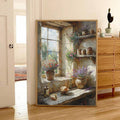 Floral still life print with potted lavender bread bottle and shelves