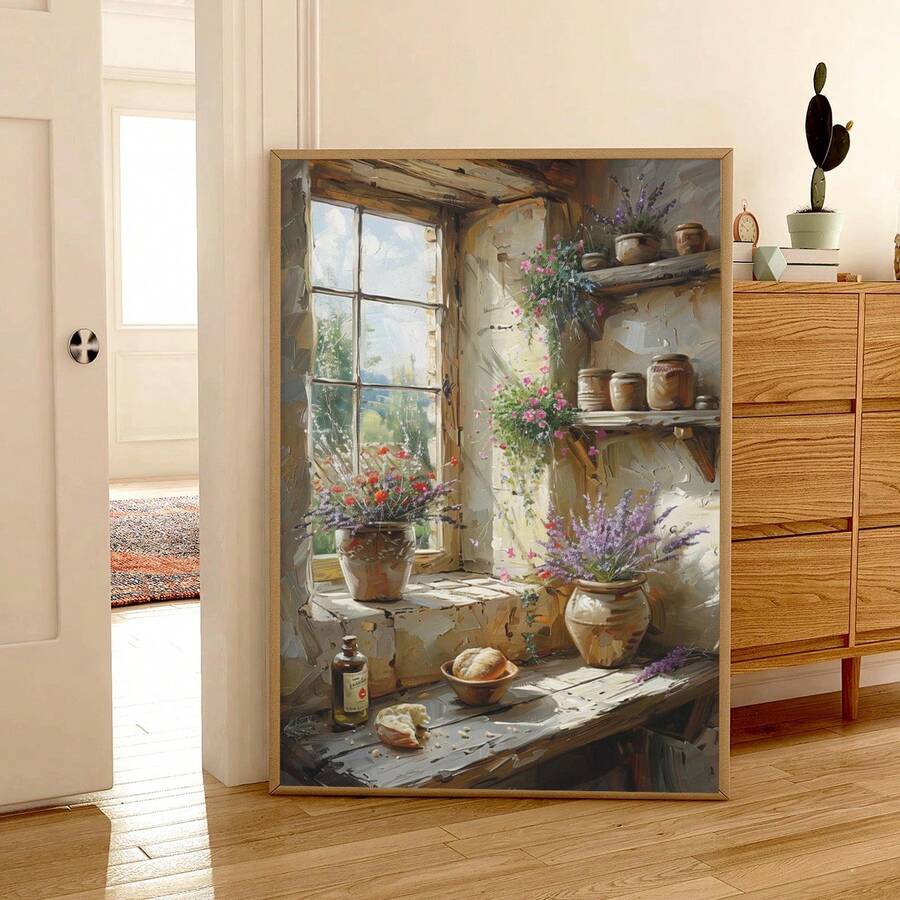 Floral still life print with potted lavender bread bottle and shelves