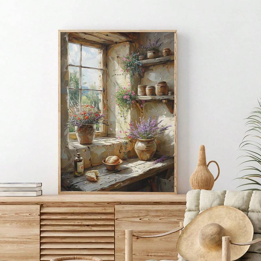 French country window sill floral still life canvas with lavender and jars