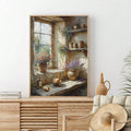 Cottagecore wall art showing rustic kitchen window and wildflowers