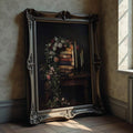 room mockup view of Dark academia still life wall art showing stacked antique books, roses, lit taper candles, warm gold tones and moody Victorian library styling.