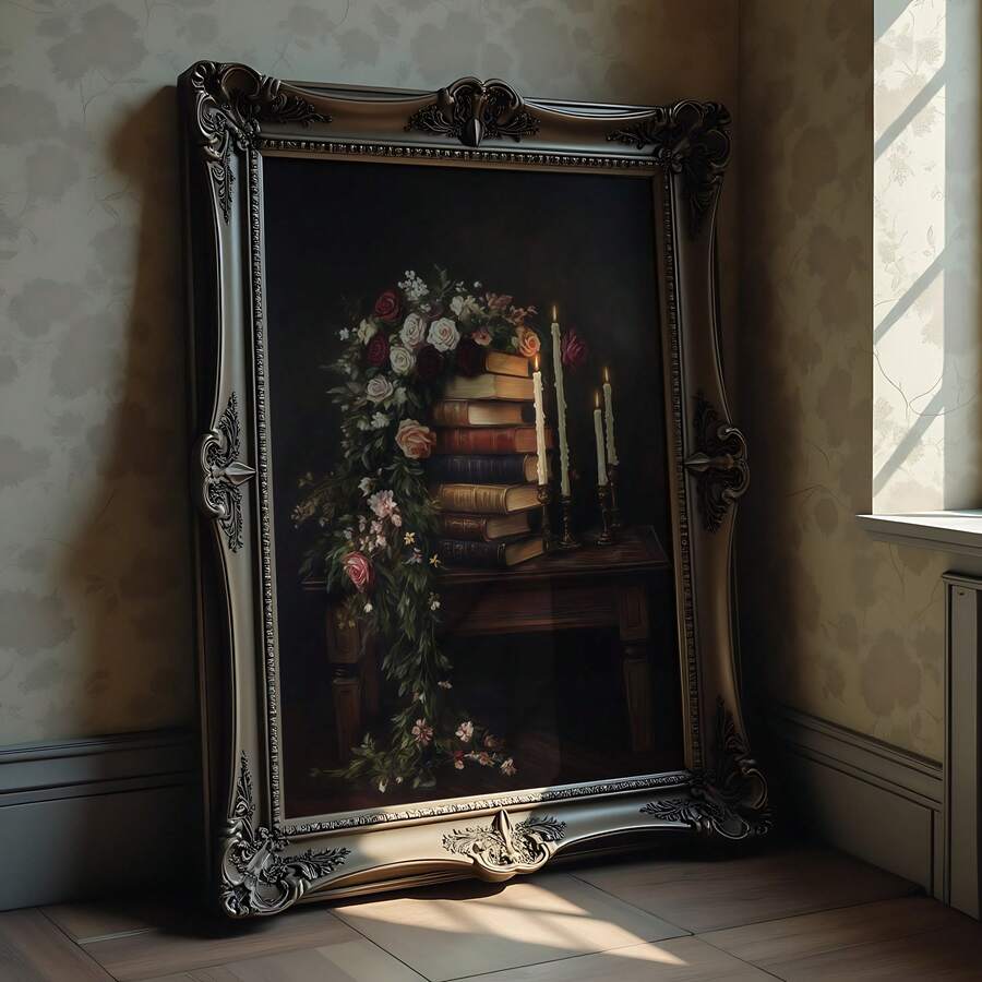 room mockup view of Dark academia still life wall art showing stacked antique books, roses, lit taper candles, warm gold tones and moody Victorian library styling.