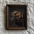 canvas option view of Dark academia still life wall art showing stacked antique books, roses, lit taper candles, warm gold tones and moody Victorian library styling.