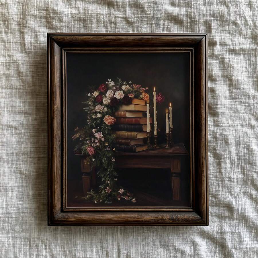 canvas option view of Dark academia still life wall art showing stacked antique books, roses, lit taper candles, warm gold tones and moody Victorian library styling.