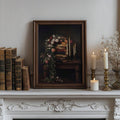 frame option view of Dark academia still life wall art showing stacked antique books, roses, lit taper candles, warm gold tones and moody Victorian library styling.